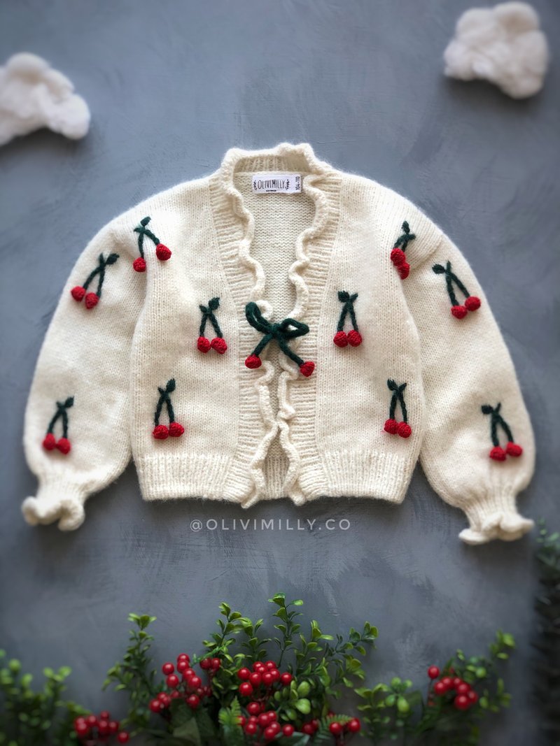 Cherries cardigan, Knitting cardigan, Kids cardigan, baby clothes,Cherries, Kids - อื่นๆ - ขนแกะ ขาว