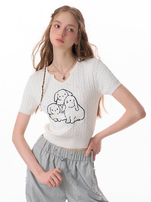 SERIOUS ZIZIFEI ziziFei夏季麻花肌理感兔子刺繡針織上衣正肩修身小V領短袖T恤女