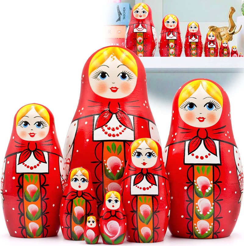 Nesting Dolls Set 7 pcs - Baboushka Nesting Dolls in Hand Painted Red Head Scarf - ของเล่นเด็ก - ไม้ สีแดง