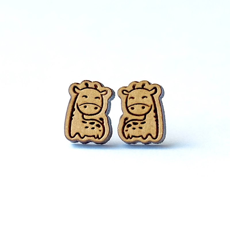 Plain wood earrings-giraffe - Earrings & Clip-ons - Wood Brown