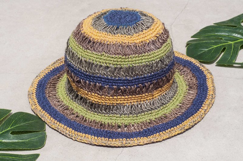 Tanabata gifts national wind stitching cotton Linen hat hat hat hand-crocheted hat - Spain Blue - หมวก - ผ้าฝ้าย/ผ้าลินิน 