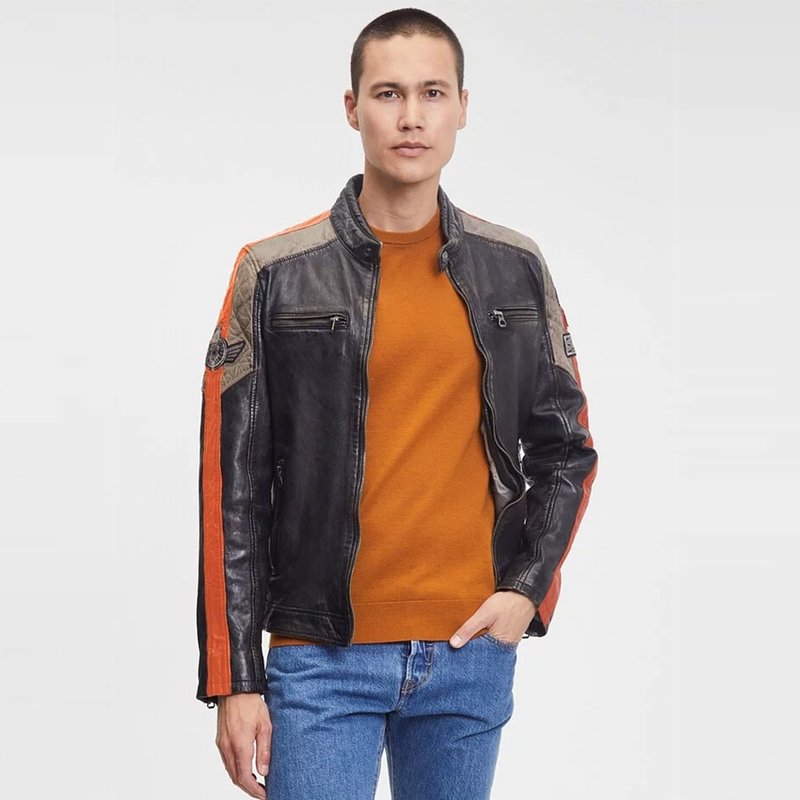 [Germany GIPSY] GMGiel Road Rider Collarless Handsome Sheepskin Jacket | Black/Orange/Dark Khaki - Men's Coats & Jackets - Genuine Leather Black