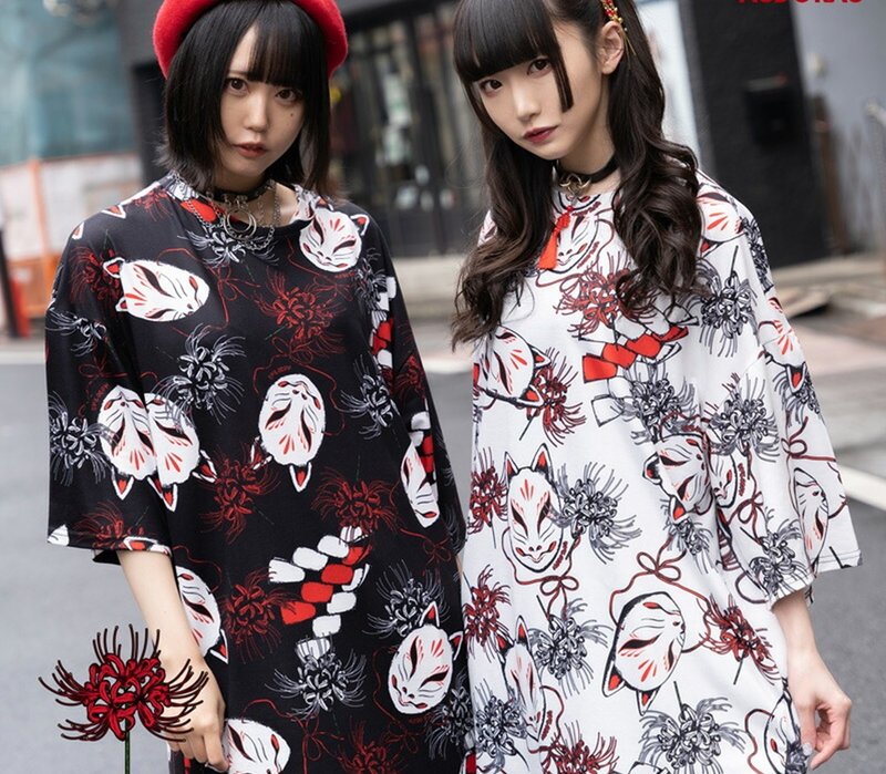 On the other side of Huangquan flower demon fox bride mask and wind print oversize loose short-sleeved T-shirt【JA0391】 - เสื้อยืดผู้หญิง - เส้นใยสังเคราะห์ 