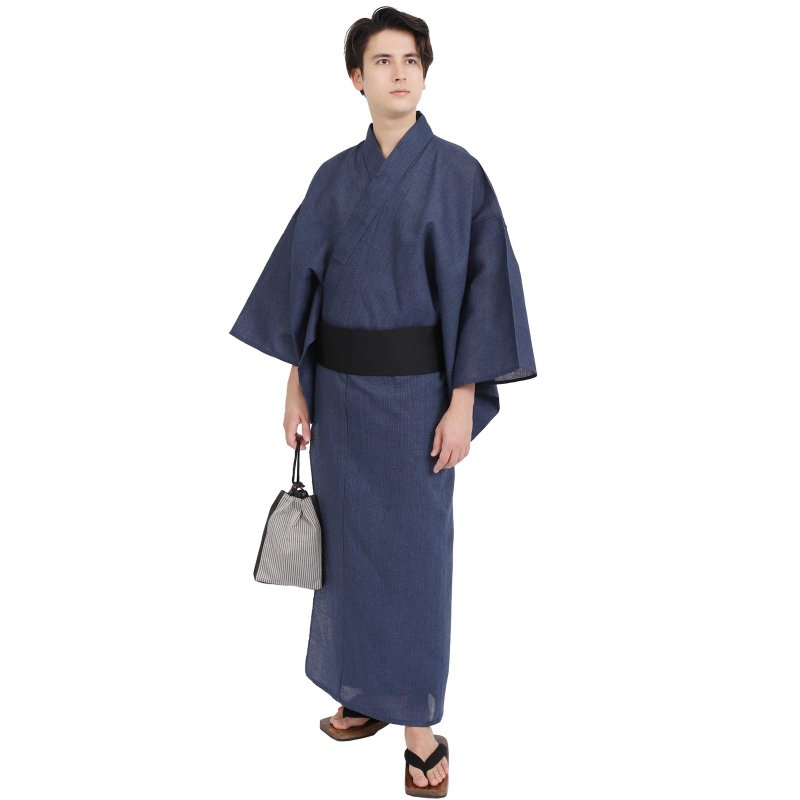 日本 和服 男 綿麻 浴衣 腰封 2 件 套組 S-LL WN06 - 其他 - 棉．麻 藍色