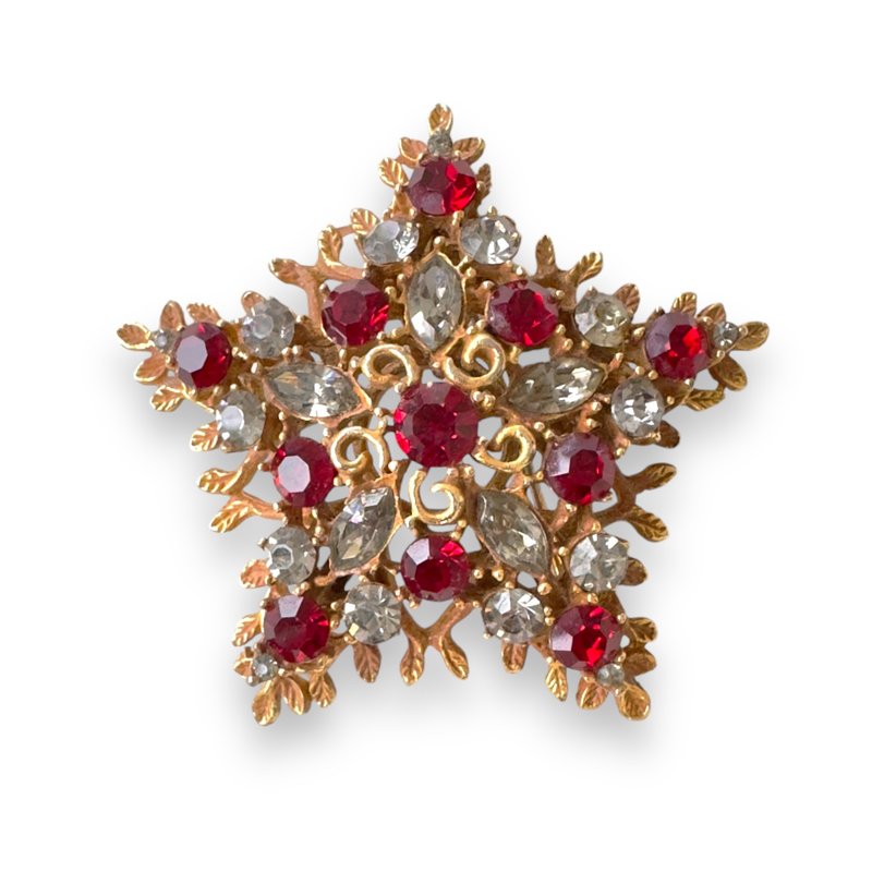 CORO Star Vintage 1950s Brooch Five-pointed Ruby Red Crystal Signed Gift Idea - 胸針 - 其他材質 紅色