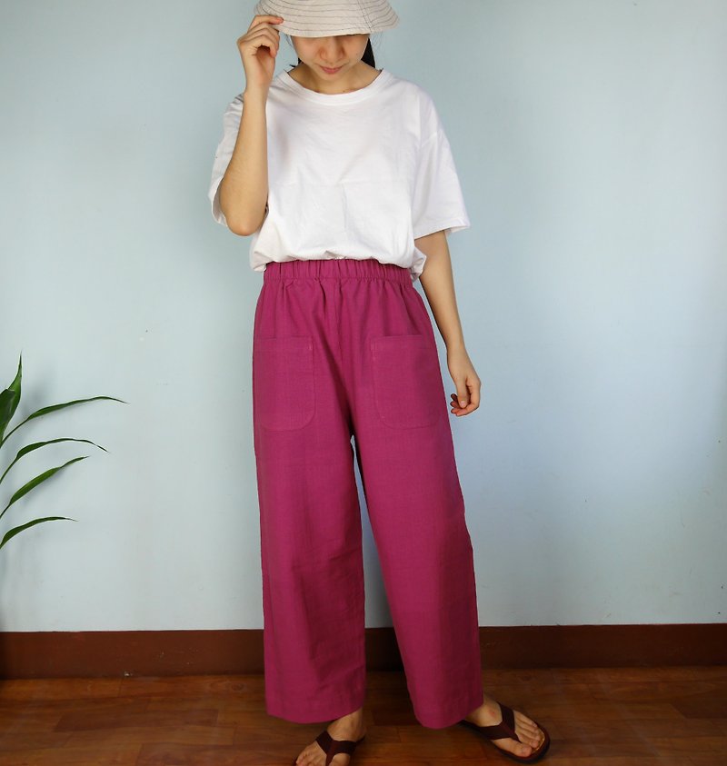 Handwoven cotton fabric front pocket - 闊腳褲/長褲 - 棉．麻 粉紅色