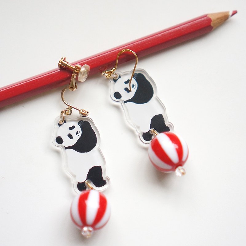 |molamolasola| Panda and his ball earrings/ear clip - Earrings & Clip-ons - Acrylic 