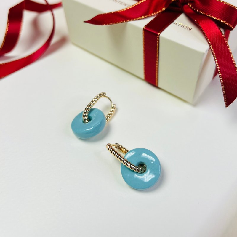 Urban Chic Ceramic Earrings Cyan Loop Christmas Party Gift Packaging - ต่างหู - เครื่องลายคราม สีเขียว
