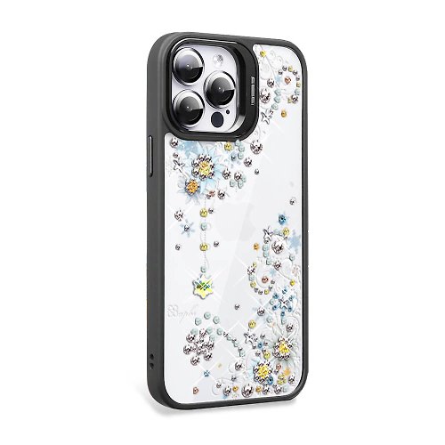 apbs 雅品仕 水晶彩鑽手機殼 iPhone 15系列 軍規防摔隱形立架手機殼-雪絨花-黑框