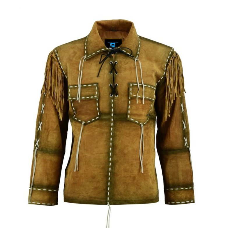 Western Cowboy Brown Suede Leather Coat With Fringe and Smoky Edges - 男夾克/外套 - 真皮 咖啡色