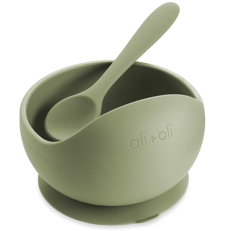 Ali+Oli Silicone Suction Bowl & Spoon Set-Sage - Children's Tablewear - Silicone Green