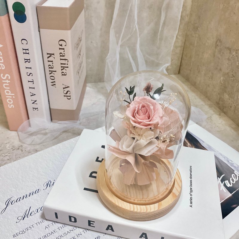 Dry eternal night light glass bell jar bouquet style for Valentine's Day, birthdays, Chinese Valentine's Day, confession flowers - ช่อดอกไม้แห้ง - แก้ว สึชมพู