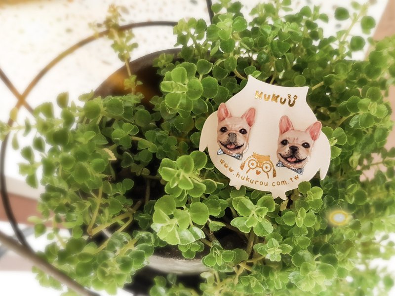 | Hand-painted pet series | French bulldog ear earrings (Fadou-beige) - ต่างหู - พลาสติก 