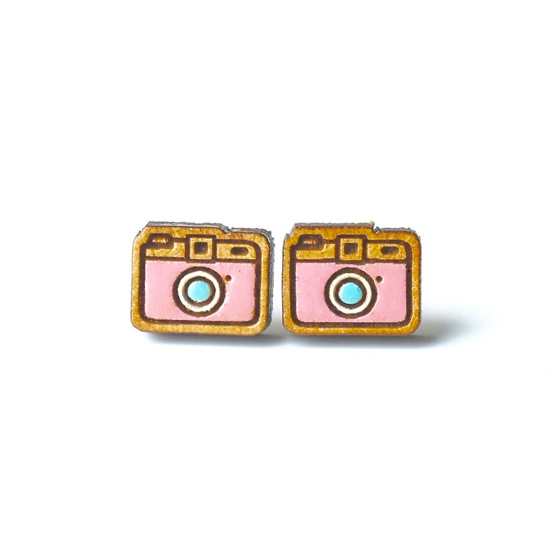 Painted wood earrings-Camera (pink) - Earrings & Clip-ons - Wood Pink