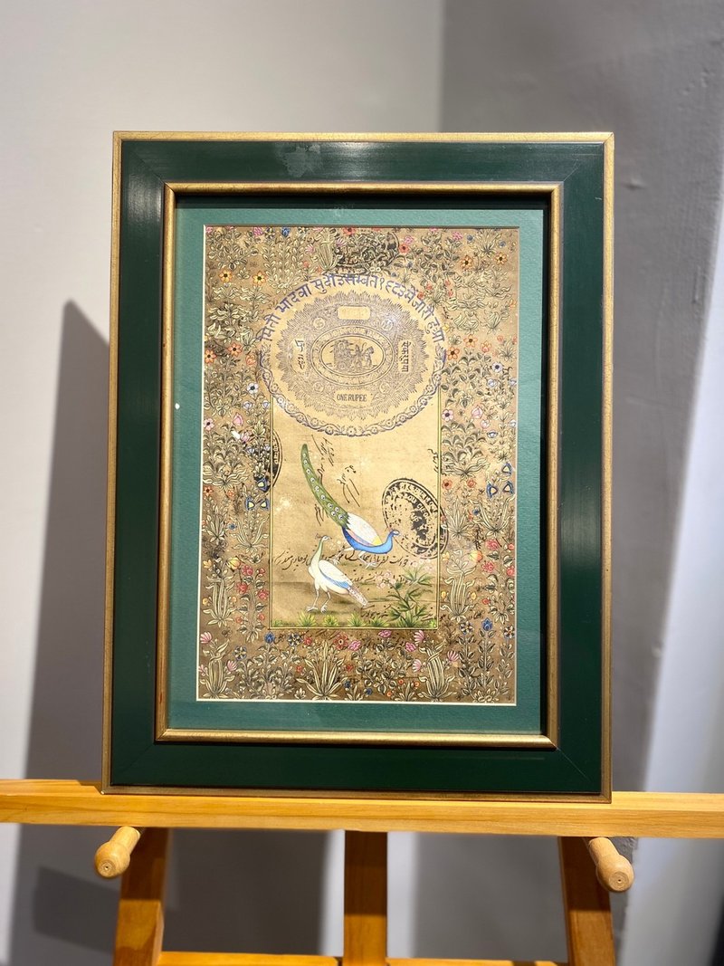 Vintage印度印花稅票紙細密畫 - 皇家花園孔雀一對 - 古董antique - 海報/掛畫/掛布 - 紙 咖啡色