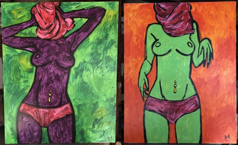 Diptych Pink Paranja Pop Art Original Oil Painting by Vadym Mykhalchuk Wall Art - 壁貼/牆壁裝飾 - 棉．麻 多色