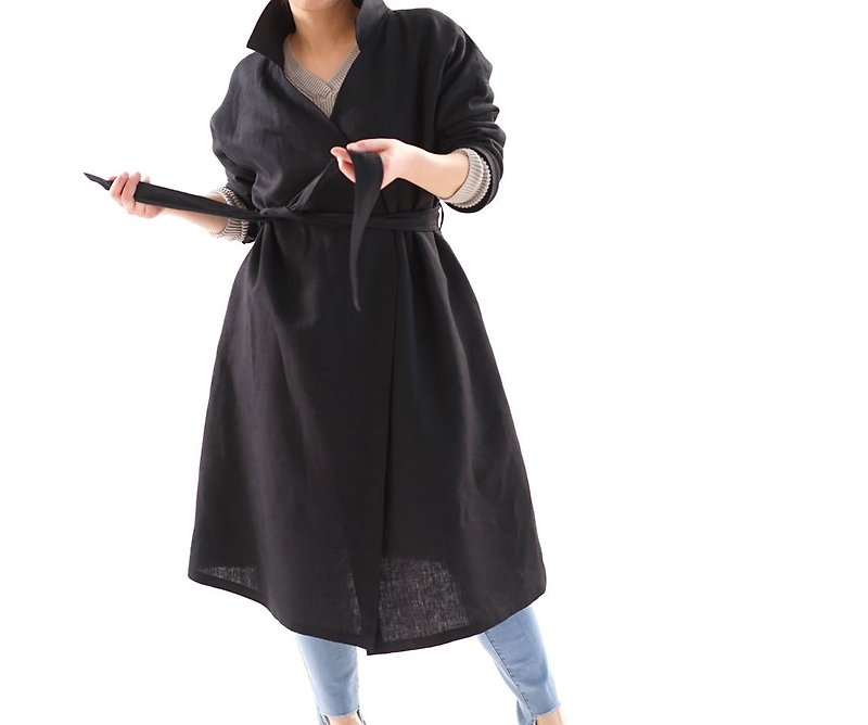 暖リネンドロップショルダー 襟付きコート紐付き/ブラック a005b-bck3 - 外套/大衣 - 棉．麻 黑色