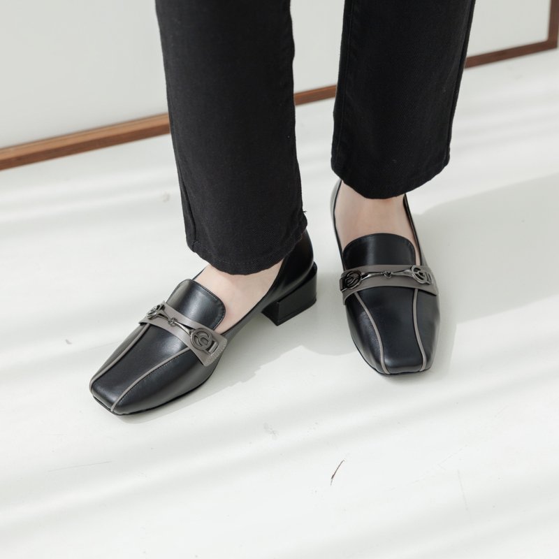 Square-toe genuine leather color-blocked buckle loafers for women, office and commuting shoes - รองเท้าหนังผู้หญิง - หนังแท้ 