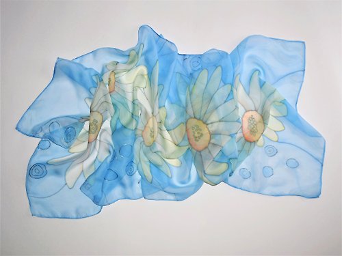 Enya 絲巾 Hand-painted silk scarf with daisies Floral long silk scarf for hair