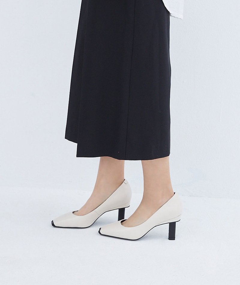 [Declaration of Independence] Flat-mouth square last tires leather hit color heel shoes_classical white/black - High Heels - Genuine Leather White