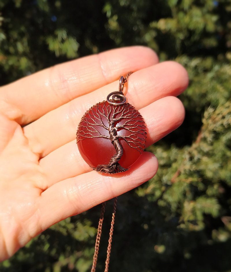 Red Carnelian Copper Tree Of Life Pendant Necklace, Birthday Gift for Mom/ Dad - Necklaces - Other Metals Red