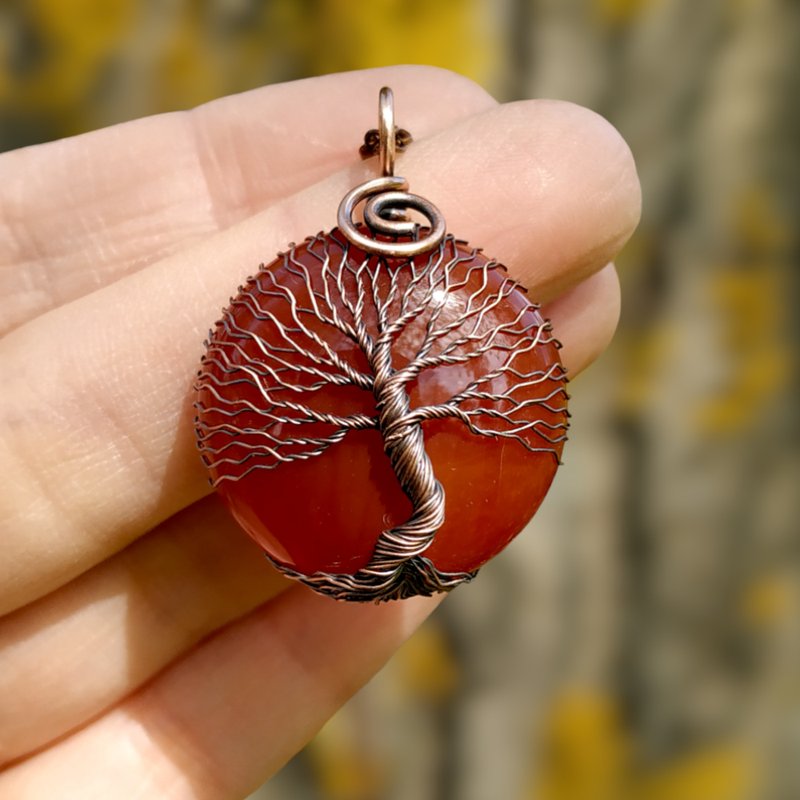 Carnelian Copper Tree Of Life Pendant Necklace, Birthday Gift for Mom/ Dad - 項鍊 - 其他金屬 橘色