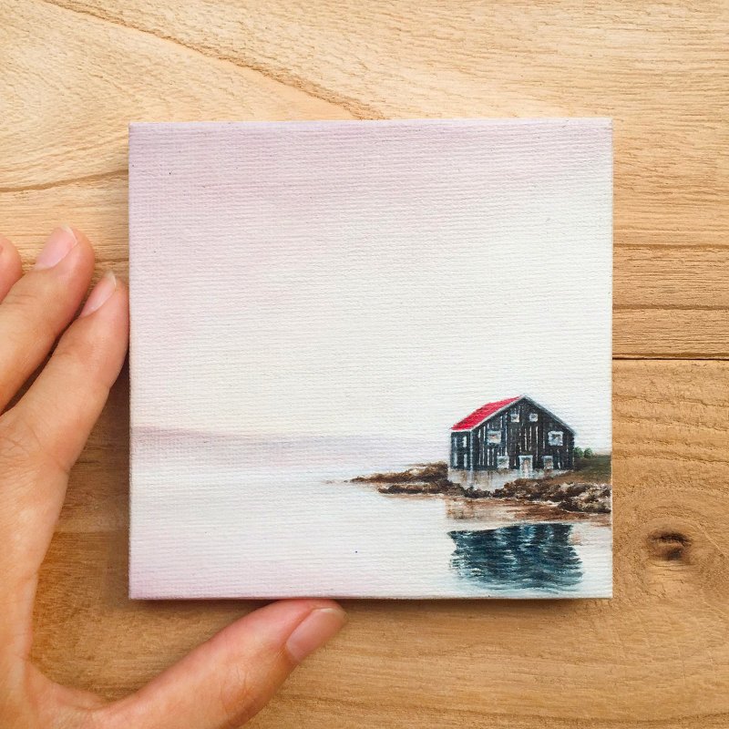 Lakeside Cottage -Original Oil Painting. Peaceful Scenery Mini Art Collection. - โปสเตอร์ - ผ้าฝ้าย/ผ้าลินิน 