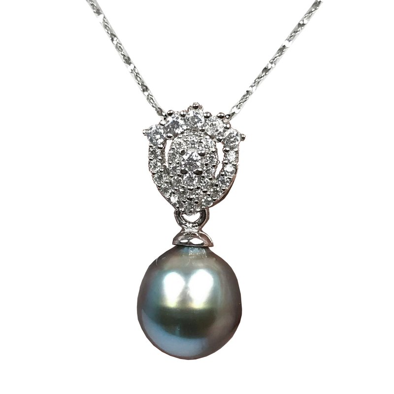 Rare Blue Tone Peacock Green Tahitian Sea Pearl Dangle SS925 Silver Necklace - Necklaces - Pearl Green