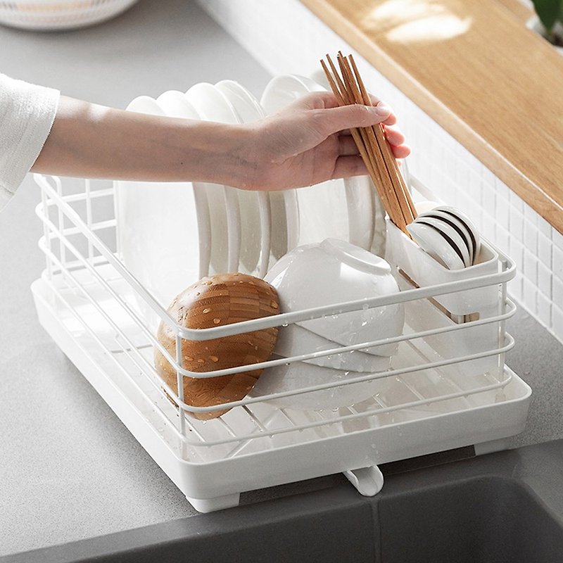 Lazy corner wide single-layer tableware drainer (with chopstick holder) - Plates & Trays - Other Metals White