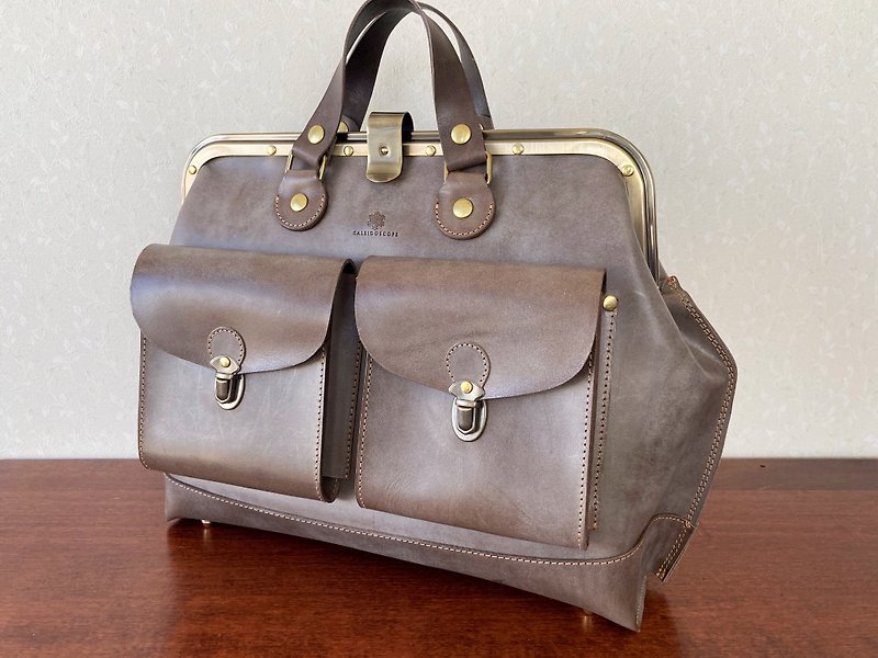 2way kiss lock bag doctor's bag rucksack Viaggio L size Roloma leather - กระเป๋าเป้สะพายหลัง - หนังแท้ สีเทา