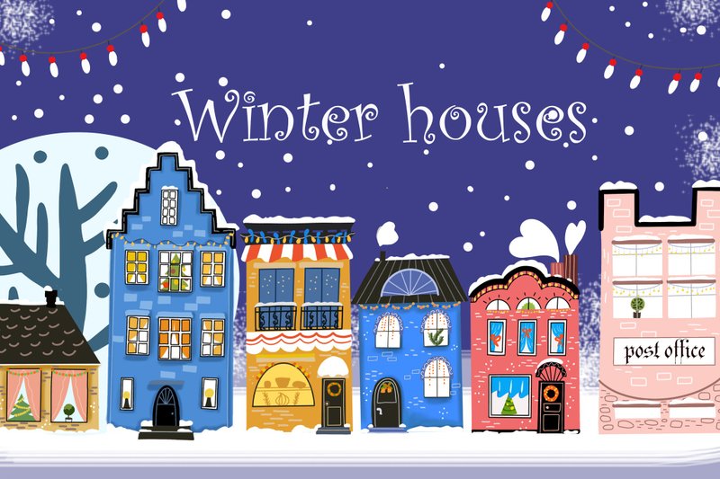 WINTER CLIPART, CHRISTMAS houses clipart, Christmas seamless patterns PNG, JPEG - Illustration, Painting & Calligraphy - Other Materials Multicolor