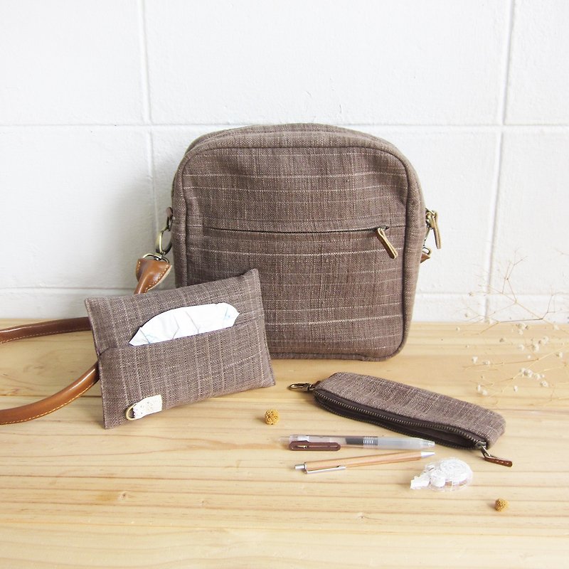 Goody Bag / A Set of Cross-body Bags Little Tan Extra Bag with Tissue Paper Case and Pencil Bag in Brown Color Cotton - Messenger Bags & Sling Bags - Cotton & Hemp Brown