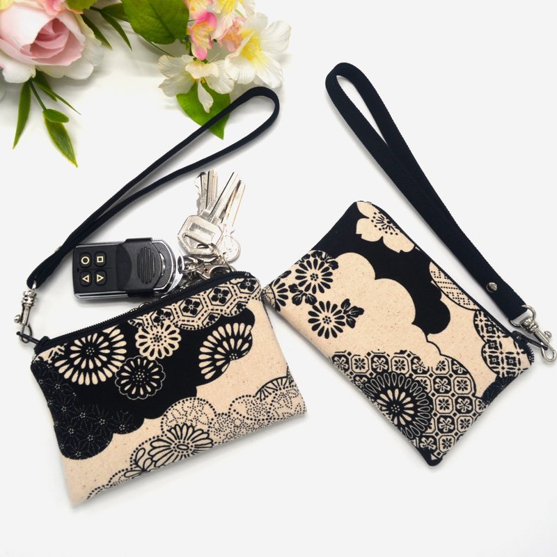 Japanese garden Zipper Key Chain Wallet • Coin Wallet • ID Wallet • Key Ring - ที่ห้อยกุญแจ - ผ้าฝ้าย/ผ้าลินิน สีดำ