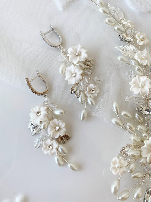 Si Wedding Accessories 白金花婚禮耳環, 長波希米亞新娘耳環 ,新娘象牙珍珠耳環