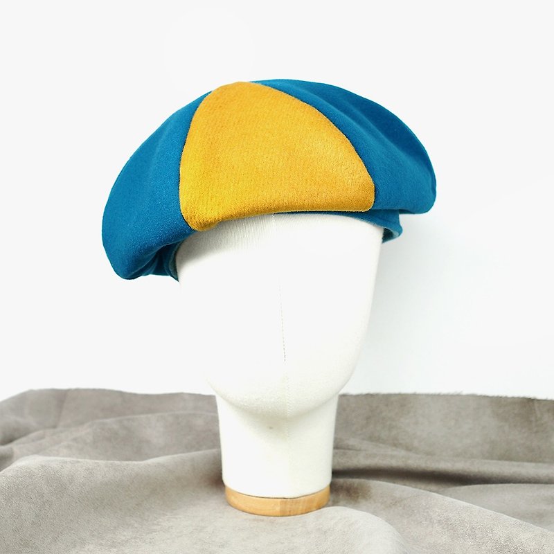 小牛村 手工貝雷帽 簡約素色 保暖 羊絨拼色【藍海黃昏】B-147 - 帽子 - 羊毛 藍色