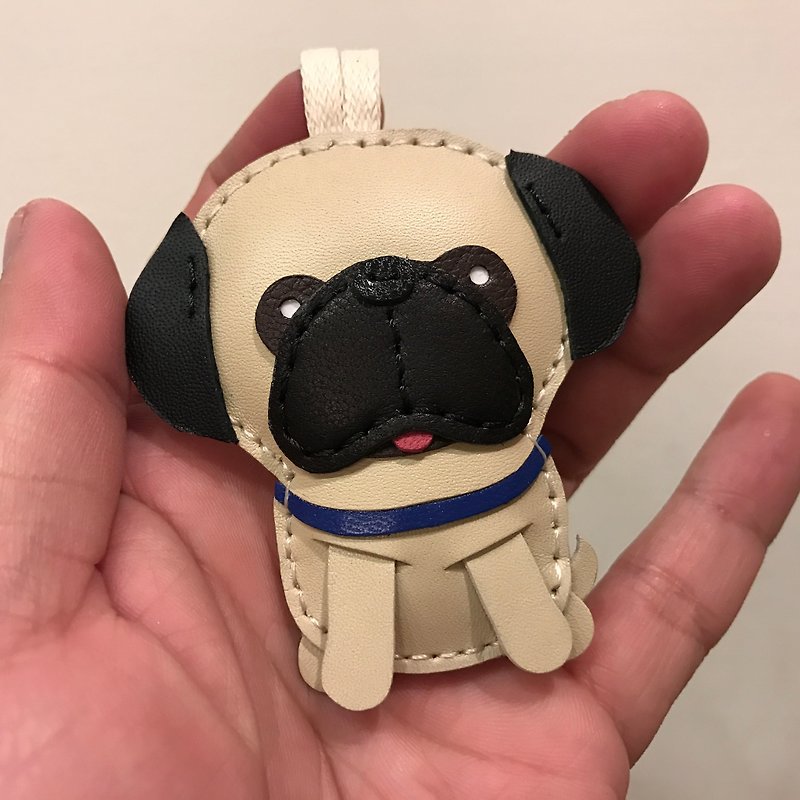 {Leatherprince handmade leather} Taiwan MIT beige cute gossip dog handmade leather leather strap / Ruby the pug cowhide leather charm in Beige (Small size / - Keychains - Genuine Leather Khaki