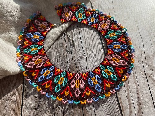 Irina Haluschak Brown flower necklace in folk style Ukraine jewelry Ethnic style beaded necklace