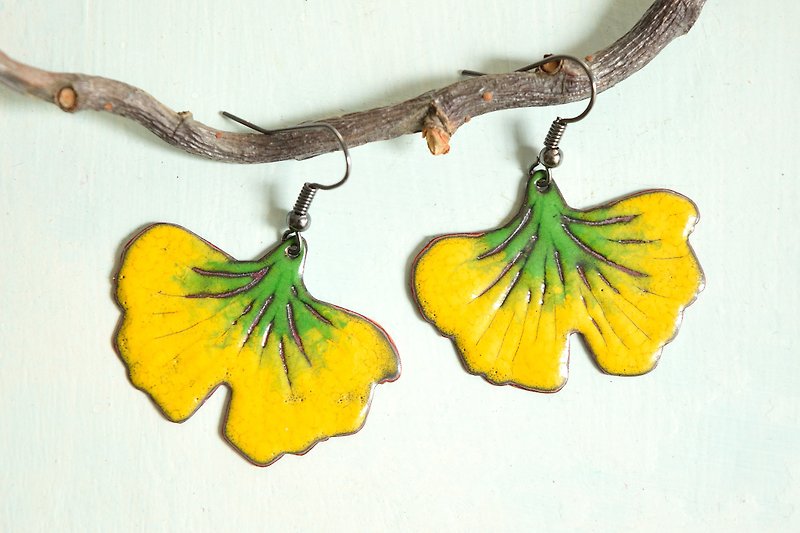 Ginkgo Biloba Enamel Earrings, - Earrings & Clip-ons - Enamel Yellow