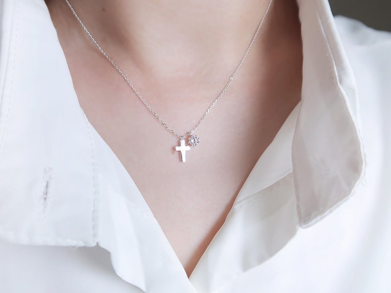 925 sterling silver cross zircon Stone clavicle chain long chain free gift packaging - Necklaces - Sterling Silver 