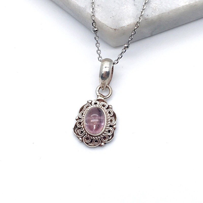 粉紅碧璽925純銀花邊項鍊 尼泊爾手工鑲嵌製作 - 項鍊 - 寶石 粉紅色