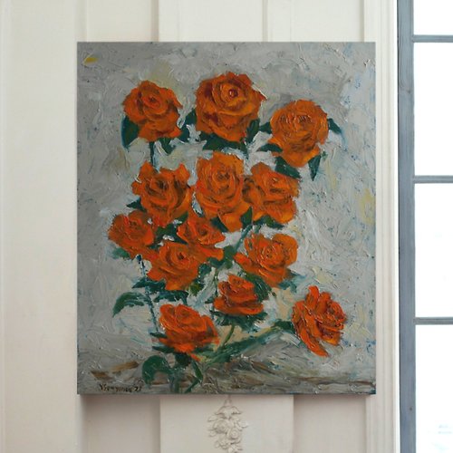 SemyonovArt Studio Roses Flowers Original Art Oil Painting Wall Decor Orange Roses