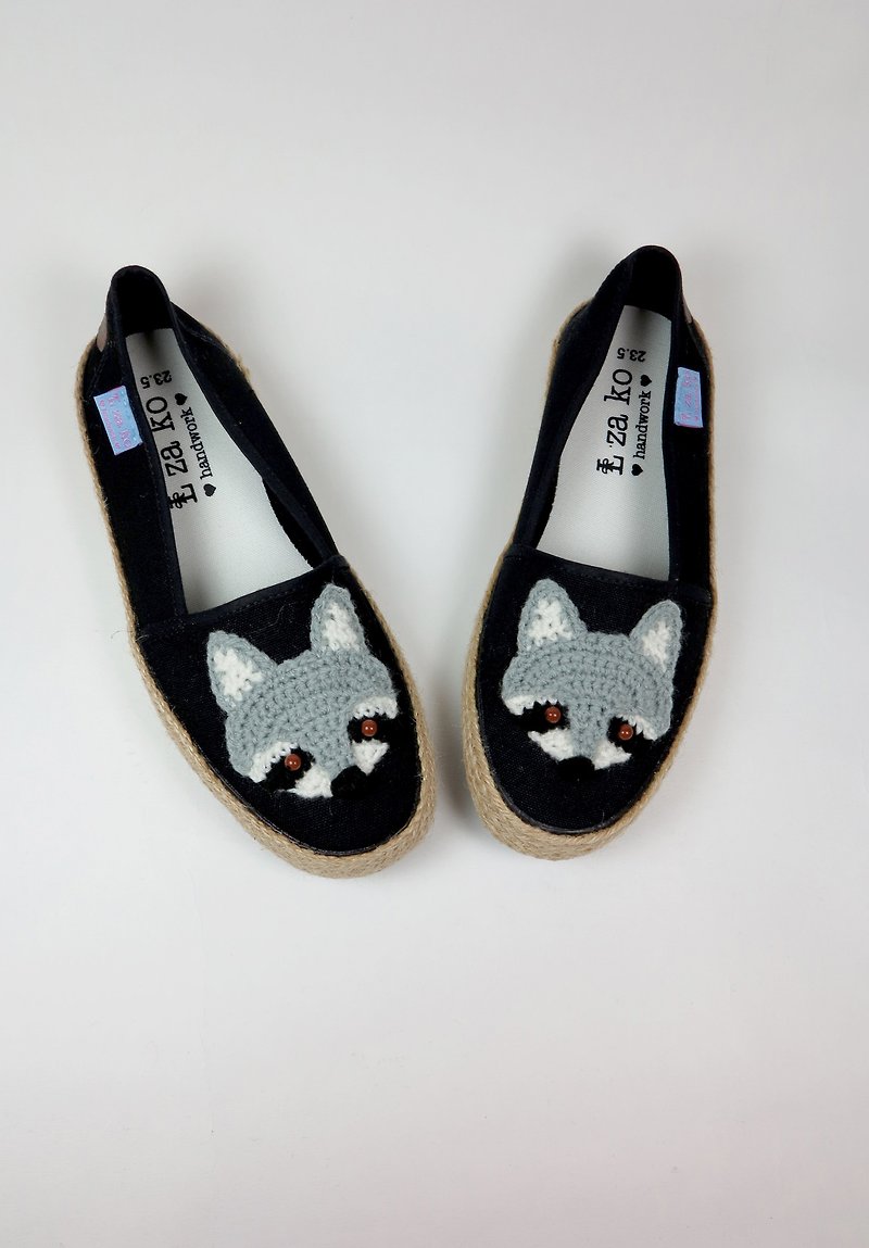 Black cotton canvas hand made shoes raccoon models have a woven section - รองเท้าลำลองผู้หญิง - วัสดุอื่นๆ สีเทา