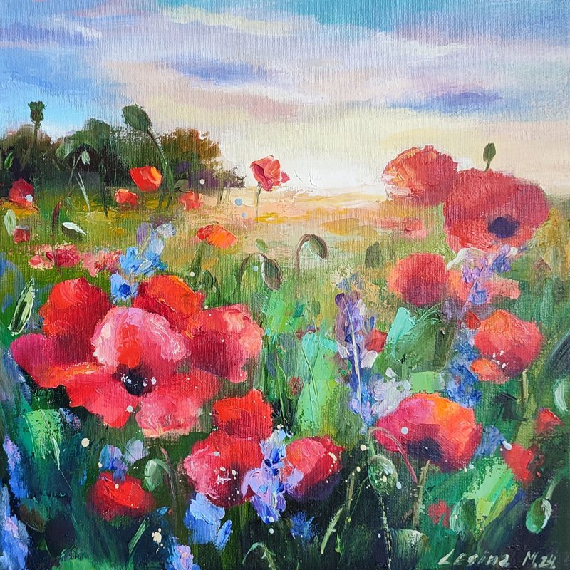 Poppies Oil Painting Poppy Canvas Art Red Flower Artwork Flower Painting OIl Art - ตกแต่งผนัง - วัสดุอื่นๆ สีแดง