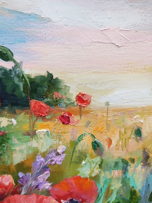 油絵 絵画 ポピーの花 ポピー 油絵 ポピー 小さなアート 赤い花のアートワーク 花の