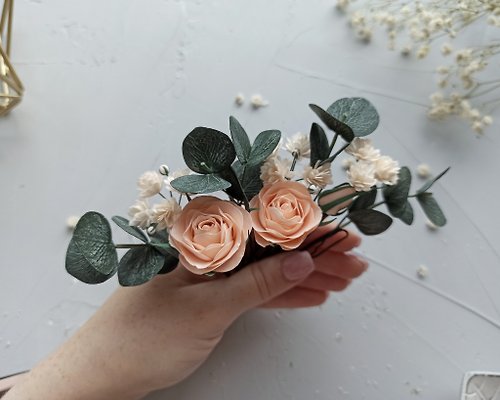 AlenaWedding Bridal peach rose hair clip Deep green wedding eucalyptus hair pins