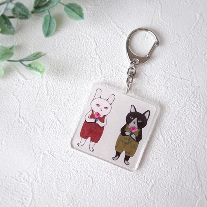 Acrylic key chain (square type/rabbit and cat) - พวงกุญแจ - พลาสติก หลากหลายสี