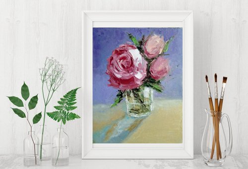 バラの花束オリジナルの油絵、花の壁の芸術、花の絵。手工油畫、油畫原