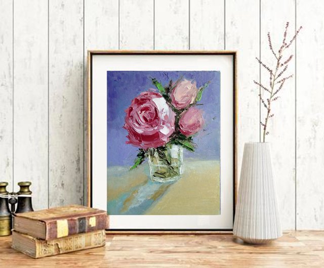 花束バラのオリジナル油絵、花のアートワーク、ミニチュアの花の