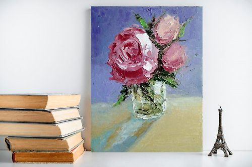 バラの花束オリジナルの油絵、花の壁の芸術、花の絵。手工油畫、油畫原