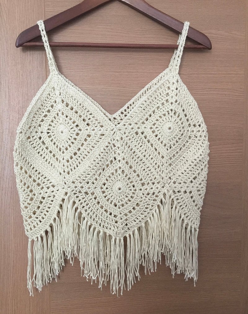 Crochet Granny Square Top, Hippie Festival Fringe Crochet Top - Women's Tops - Cotton & Hemp Khaki